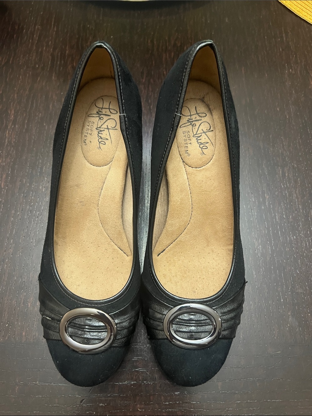 Life Stride Black Slip-On Flats with Silver-Tone Ring Accent
